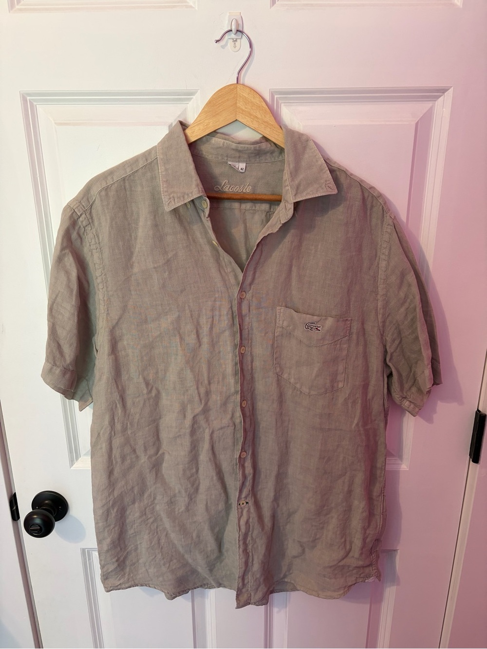 Lacoste 100% Linen Short-Sleeve Button-Down Shirt in Beige